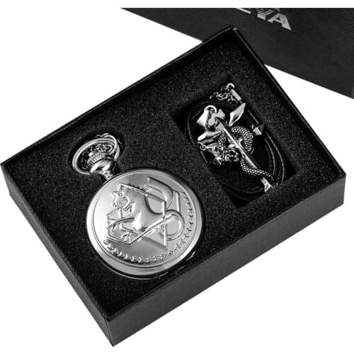 Vintage Steampunk Silver Fullmetal Alchemis Japan Anime Unisex Quartz Pocket Watch Fashion Necklace Chain Clock Set
