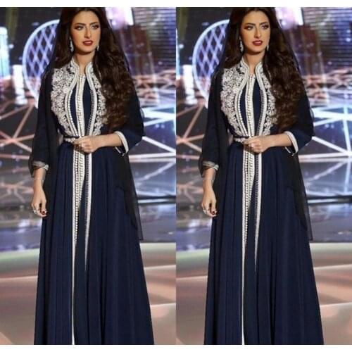 Navy Blue Moroccan Caftan Evening Dresses With Appliques Lace kaftan Style Evening Gowns Long Sleeves Floor Length