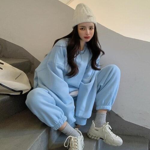 Womens Tracksuits Sweatshirts 2021 Autumn Winter Fleece Oversize Solid Color Jackets Pullover Tops & Pants 2 Pcs Women Sets