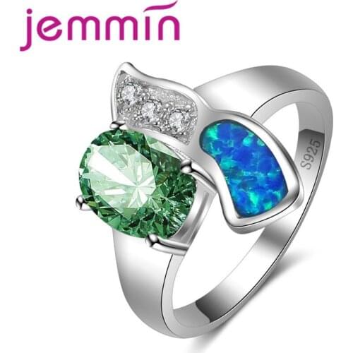 Wholesale & Retail Fashion Green Blue Fire Opal Ring + AAA CZ Crystal 925 Sterling Slive Jewelryr For Women