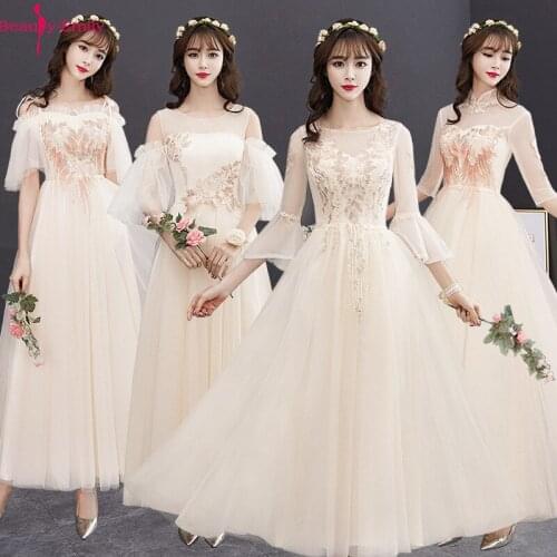 Beauty Emily Fashion Lace Champagne Bridesmaid Dresses 2019 Long O Neck Three Quarter Bell Sleeve Formal Wedding Party Dresses