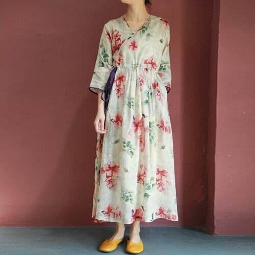 Johnature Women Vintage Print Floral Dress V-Neck Seven Sleeve Robes Ramie Belt Female Clothes 2021 Summer New High Waist Dress