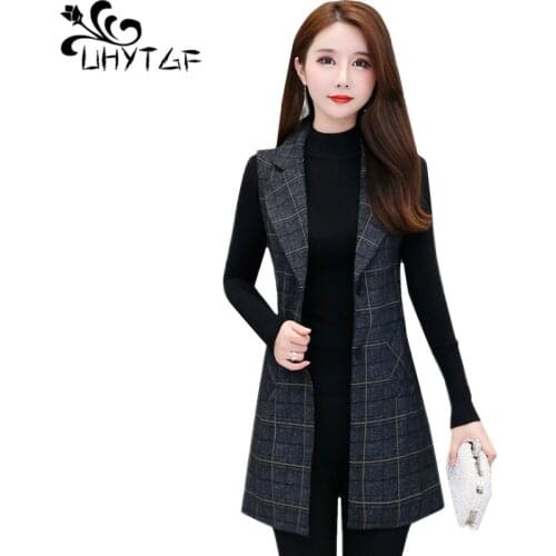 UHYTGF Autumn vest womens fashion plaid single-breasted elegant womens vest jacket sleeveless 5XL Plus size vests waistcoat 788