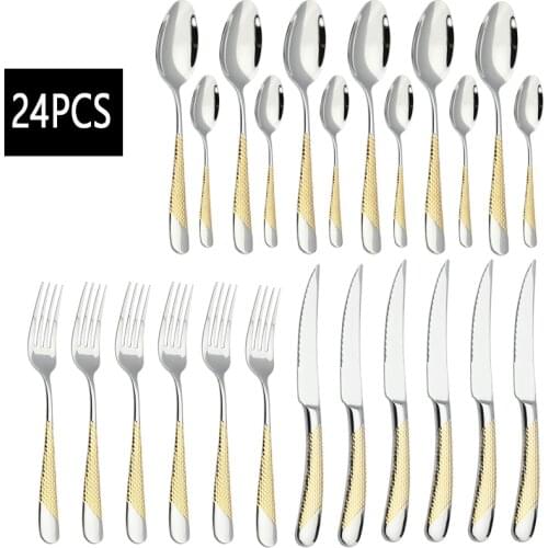 24Pcs Luxury Dinnerware Set 18/10 Stainless Steel Cutlery Set Kitchen Knife Fork Spoon Silverware Dinner Set Dishwasher Safe