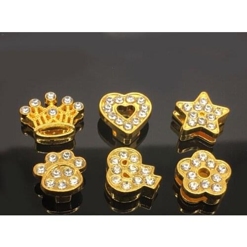 50PCS 8mm Gold Rhinestone Flower Star Heart Slide Charms Slide Beads DIY 8mm Bracelets Wristbands,Belt Straps Pet Name Collar