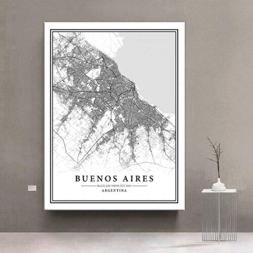 Black and White World City Map BUENOS AIRES Wall Art Canvas Poster Prints Nordic Style Paintings Picture for Living Room framed