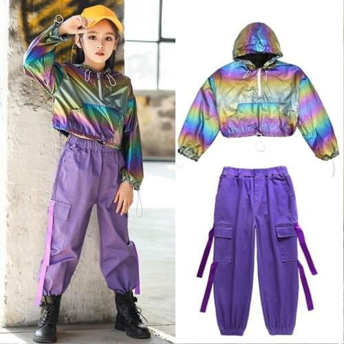 Childrens Hip Hop Dance Costumes Multicolor Sweatshirt Casual Pants For Girls Purple Street Hiphop Outfit Stage Costume BL5715