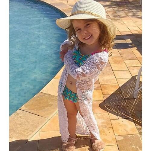 Childrens European American Summer Models Girls Long-sleeved Flowers White Lace Anti-sack Coat Kids Clothing