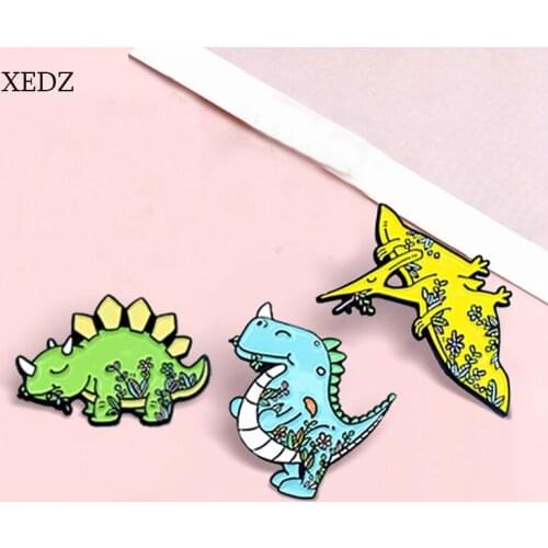 XEDZ Three Dinosaur Enamel Brooch Fashion Cartoon Animal Blue/Yellow/Green Flying Dragon Punk Badge Childrens Jewelry Gifts
