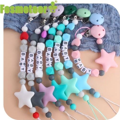 Fosmeteor DIY Personalized Name Pacifier Clip Holder Chain Silicone Pacifier Chains Five-pointed Star Teether Teething Chain