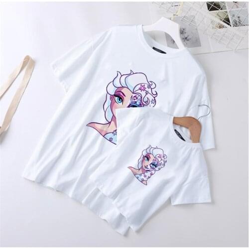 Frozen Elsa Disney Princess Printed Family Matching T Shirts Summer White O-neck Mommy And Me Girl Ladies T-shirts Tee Tops