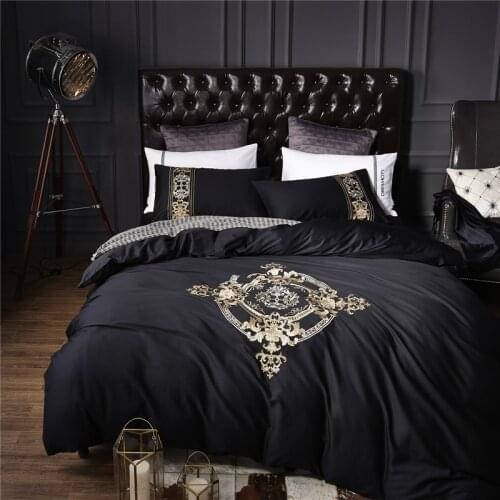 Black egyptian cotton gold embroidery Bedding Set Bed cover queen king size rubber fitted sheet Duvet Cover 4pcs Bed set