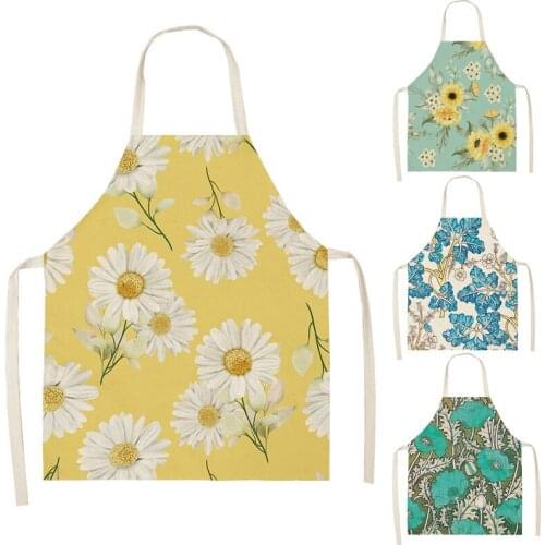 Linen Flower Print Kitchen Aprons Unisex Dinner Party Cooking Bib Colorful Floral Pinafore Cleaning Apron