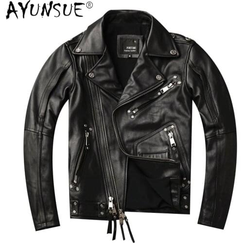 Fashion Men Leather Jacket Slim Cowhide Genuine Leather Coat Men Motorcycle Short Black Coats Clothes Jaqueta Masculina WPY3693