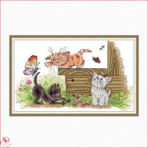 Three Little Kittens Cross Stitch Kits Animal Embroidery Kit 11CT 14CT Count Printed Fabric Needlework Full Set DIY Sewing Gift