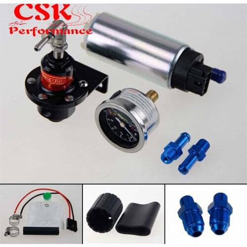 255 LPH EFI Fuel Injection Pump/Tank +140 PSI Pressure Regulator+Oil Gauge Kit Black/Blue/Red