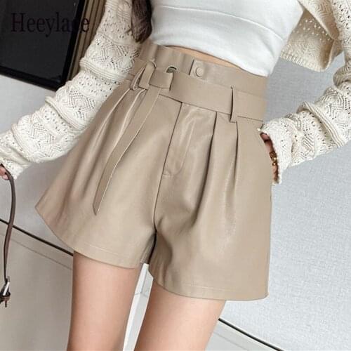 Autumn Winter Womens Faux PU Leather Shorts with Belted 2021 New High Waist Ladies Elegant Short Trousers Pocket Female