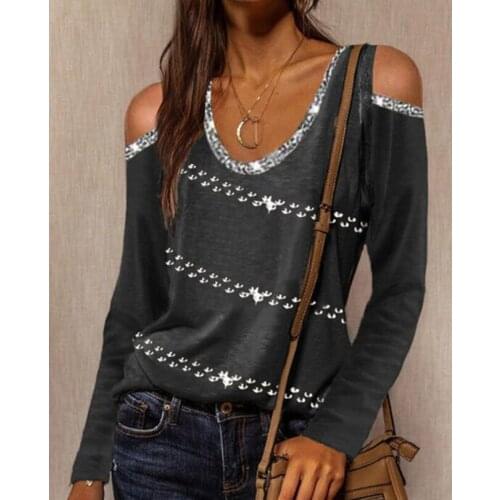 Women Sequins Shirt Sexy V-neck Long Sleeves Loose Casual Tops Ladies' Lace Off Shoulder Pullovers Female Shirts Spring Summer