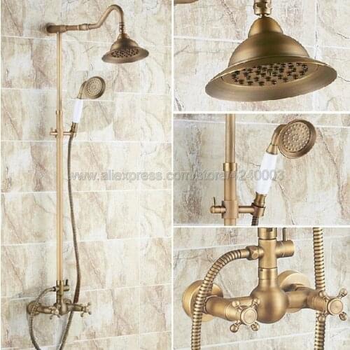 Antique Brass Bathroom Rainfall Shower Faucet Set Double Handle Mixer Tap With Hand Sprayer Wall Mounted Bath Shower Sets Krs134