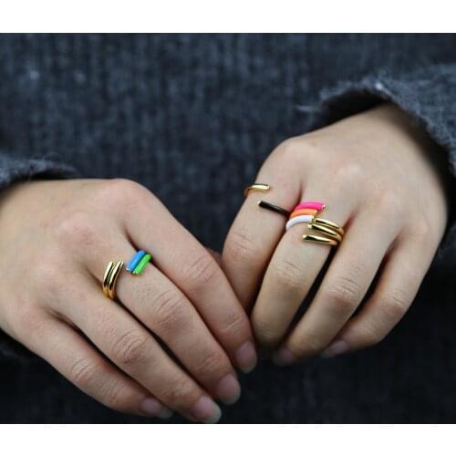 High quality fashion adjustable ting band finger rings with reen pink white black blue enamel rainbow open ring for wedding Gift