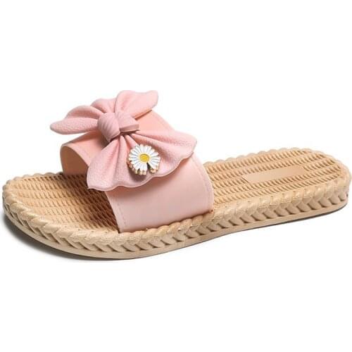 2021 Summer Shoes Woman Slippers Sweet Bow-knot Slippers Heels Slippers Mujer Floral Peep Toe Women Flat Slippers Women Shoes