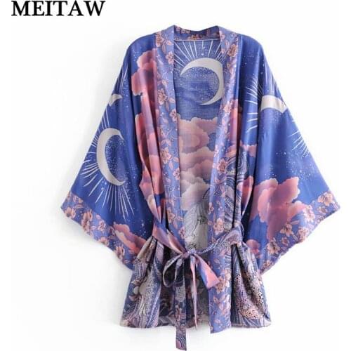 2021 Vintage Summer Blue Floral Printed Women Cardigan Ladies Bohemian V Neck Batwing Sleeve Casual Kimono