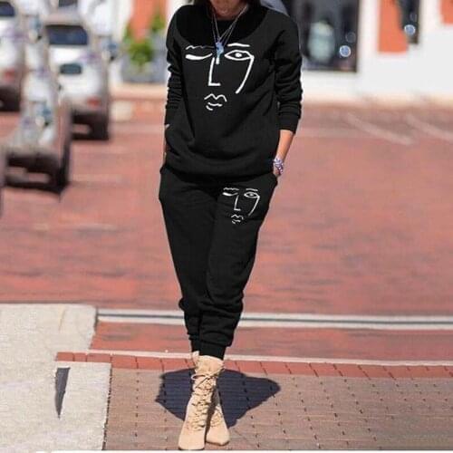 Abstract Face Print 2 Piece Set Women Vintage Harajuku Loose Casual Fashion Tracksuit Spring Fall 2021 Plus Size Long Sleeve New