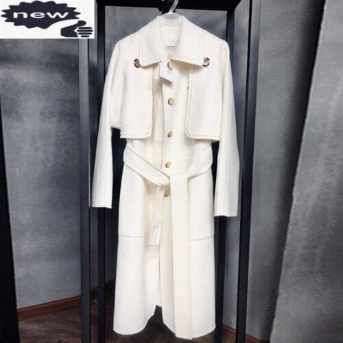 Elegant Office Ladies Autumn Winter Real Fur Coat Women Natural Wool Two Piece Outerwear Belted Slim Fit Long Cashmere Coats