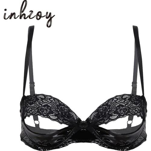 Women Erotic Lingerie Patent Leather Latex Transparent Lace Push Up Bra Tops Nipples Hole Porno Sissy Sexy Underwear Nightwear