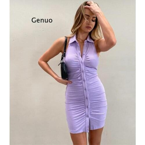 Womens Summer New Solid Color Dresses Sexy Folds Backless Sleeveless Single-Breasted Cardigan Halter Bag Hip Skirt Neck-Mounted