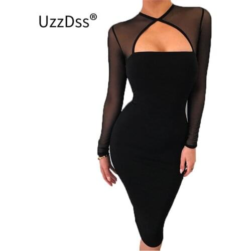 UZZDSS Knitted Autumn Mesh Long Sleeve Bodycon Dress New Year 2021 Sexy Ladeis Black Bandage Dress