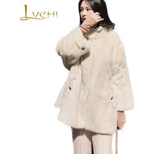 LVCHI 2019 Winter Velvet Mink Fur Coat Real Fur Coat Women Thicken Full Pelt Mandarin Collar Nine Quarter Medium Mink Fur Coats
