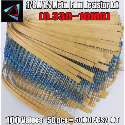 1/8W 1% 1R~10M ohm 100valuesx50pcs=5000pcs 0.125W Metal Film Resistor Assorted Kit
