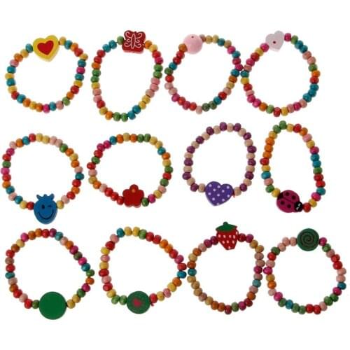 12Pcs Colourful Wooden Bracelets Little Girls Bracelets Kit Kids Fashion Jewelry