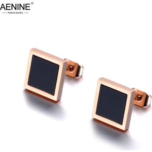 AENINE OL Style Black Acrylic Square Stud Earrings Rose Gold Stainless Steel Trendy Earrings Jewelry For Women Girls AE19021