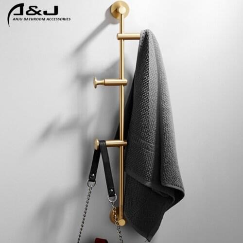 Bathroom Accessories Brushed Brass Towel Shelf Wall Mounted Bathroom Towel Rack Coat Hook Movable Clothes Hanging Bar Hat Rack