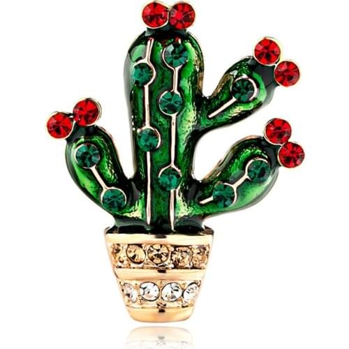 Green Cactus Plant Flower Brooches For Women Men Rhinestones Wedding Party Jewelry Hijab Pins Clothes Suit Accessories AL468