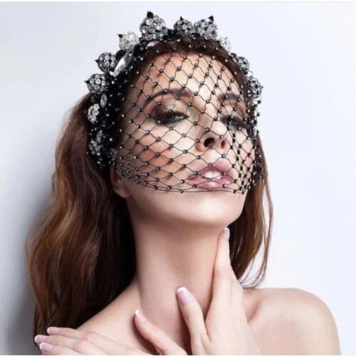 Black Headband Veil for Wedding Woman Headdress for Bridal Crystal Birdcage Rhinestone Hair Jewelry Accessories 2021