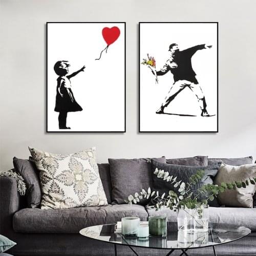 Girl with Red Balloon Banksy Graffiti Art Canvas Painting Black and White Poster and Prints Wall Art Pictures for Living Room