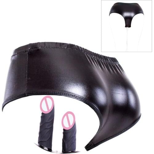 PU Leather Thong Underwear Chastity Pants Belt Invisible With Double Plug Chastity Pants Bondage Restraint Dildo with Vibrating