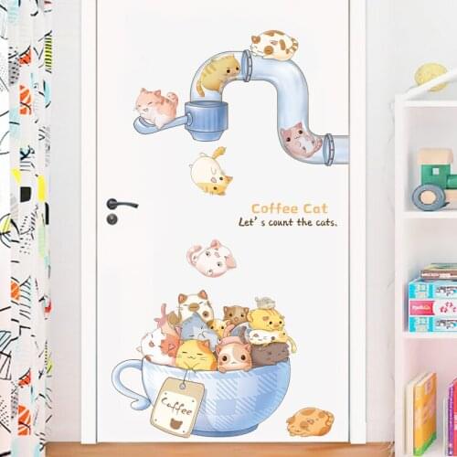 Cartoon Cat Wall Sticker Kids Room Bedroom Wall Decals Door Stickers Decoration Aesthetic Posters Self-adhesive Vinly Wallpaper