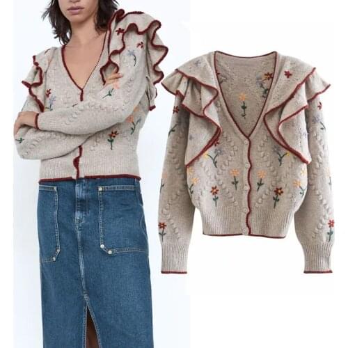 2020 Autumn Embroidered V-neck Knitted Sweater Ladies Retro Ruffled Long-Sleeved Cardigan Ladies Casual Loose Sweater