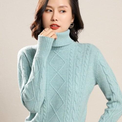 2021 Winter Women Pullover 100% Pure Wool Knitted Sweater Fashion Turtleneck Long Sleeve Jumper Female Thicken Warm Sweaters