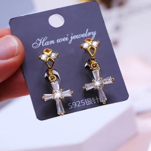 JUWANG Luxury Real Gold Plating Hoop Earrings For Women Cubic Zirconia Cross Pendant Dangle Earrings Fashion Jewelry Piercing