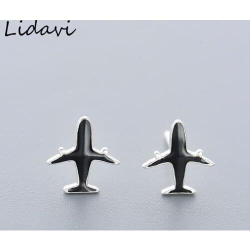 Lidavi Black Enamel Aircraft Stud Earring Luxury Women Party Airplane Engagement Cute Lady Earring For Women Gift Wholesale E237