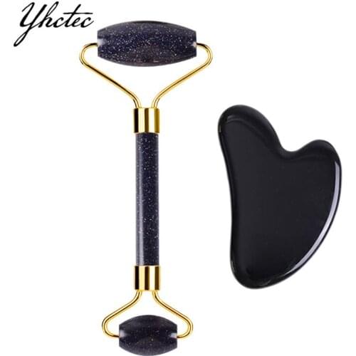 Blue Sandstone Jade Roller Massager For Face Natural Obsidian Gouache Scraper Set Face Roller Jade Massager GuaSha Scraper Tool