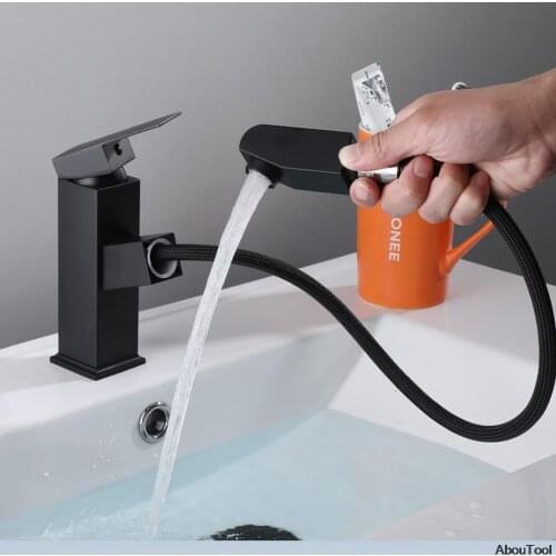 Hot Cold Water Faucet Black Bathroom PullOut Tap Adjustable Mixer Basin Faucet Single Spray Sink torneira para cozinha de parede