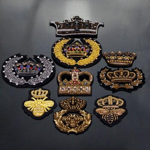 Advanced silk animal metal spring patch hand embroidery small bee Golden Crown Bee cloth patch copper bead embroidery applique