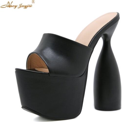 Solid PU Peep Toe 17.5cm Super High Strange Style Heel Slippers 2021 Summer Ladies Black White 7.5cm Platform Concise Shoes