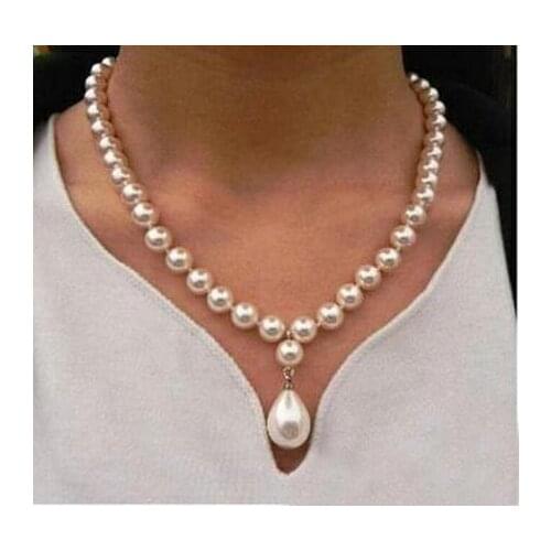 Unique Women Jewelry Necklace 8mm Round Bead Bright White Natural South Sea Shell Pearl 12mm Pendant Necklace Christmas Gift